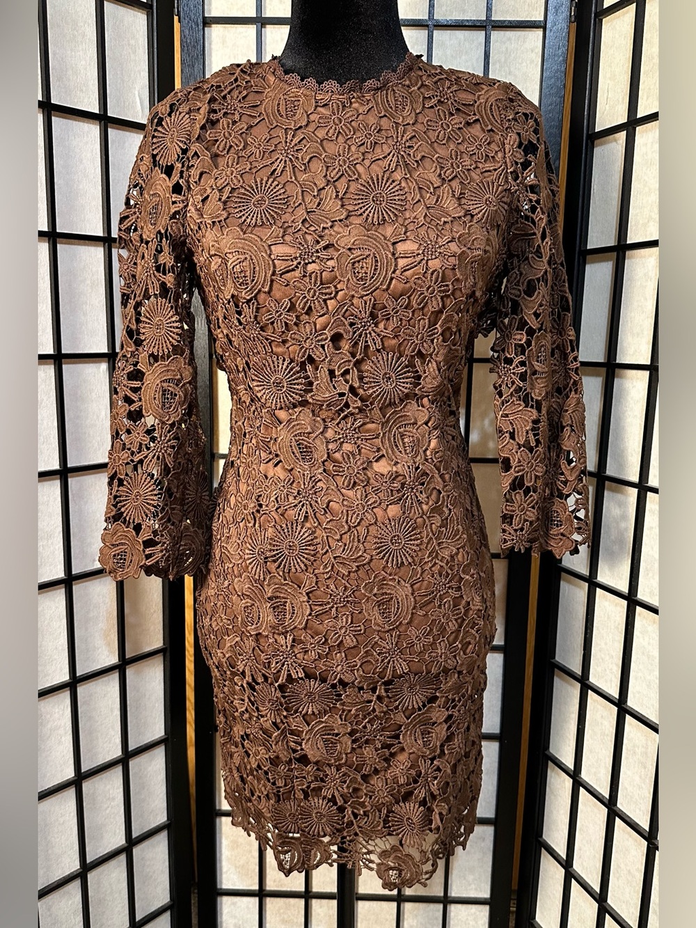 JUST ME Floral Lace Crochet Bodycon 3/4 Sleeve Open Back Mini Dress NWOT
